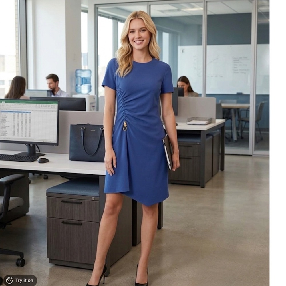Donna Karan New York Royal Blue Ruched Sheath‎ Dress Gold Hardware Size 10 NWT